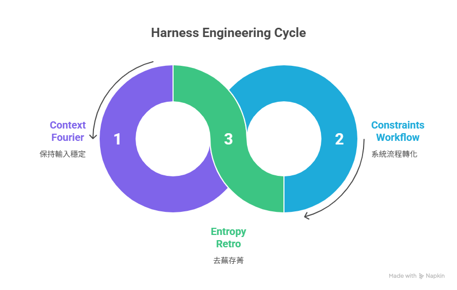 Harness Engineering Cycle — Context（傅立葉）、Constraints（工作流）與 Entropy（Retro）三本柱構成的無限循環系統